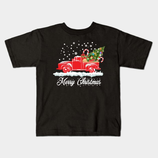 Merry Christmas Retro Vintage Red Truck Kids T-Shirt by Kimko